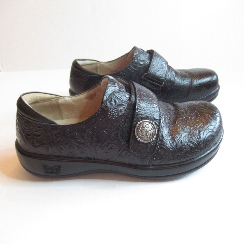 Alegria Womens Joleen JOL-429 Black Floral Leather Clogs Size US 6-6.5 EUR 36